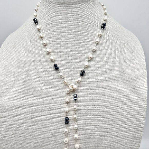 Hand Wrapped Freshwater Pearl & Blue Austrian Crystal Tassel Lariat Necklace 52” - Picture 4 of 6